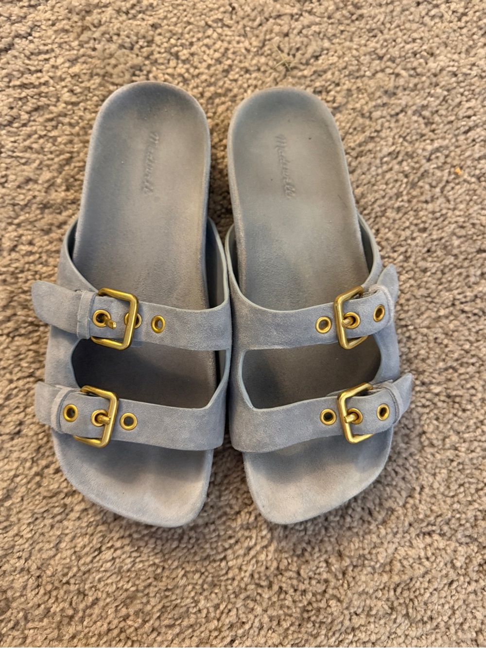 Madewell The Cambrea Serene Blue Suede Double Buckle Slide Sandals